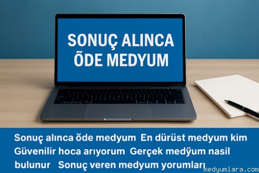 Bir masa üzerinde açık laptop ekranında “Sonuç Alınca Öde Medyum” yazısı, yanında defter ve kalem; arka planda güveni simgeleyen mavi tonlar. Görselin alt kısmında SEO uy