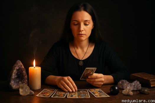 Medyum tarot kartları ve kristallerle ruhsal bağlantı kurarken